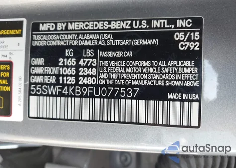 2015 Mercedes-Benz C 300 4Matic из США, поврежденный, VIN 55SWF4KB9FU077537